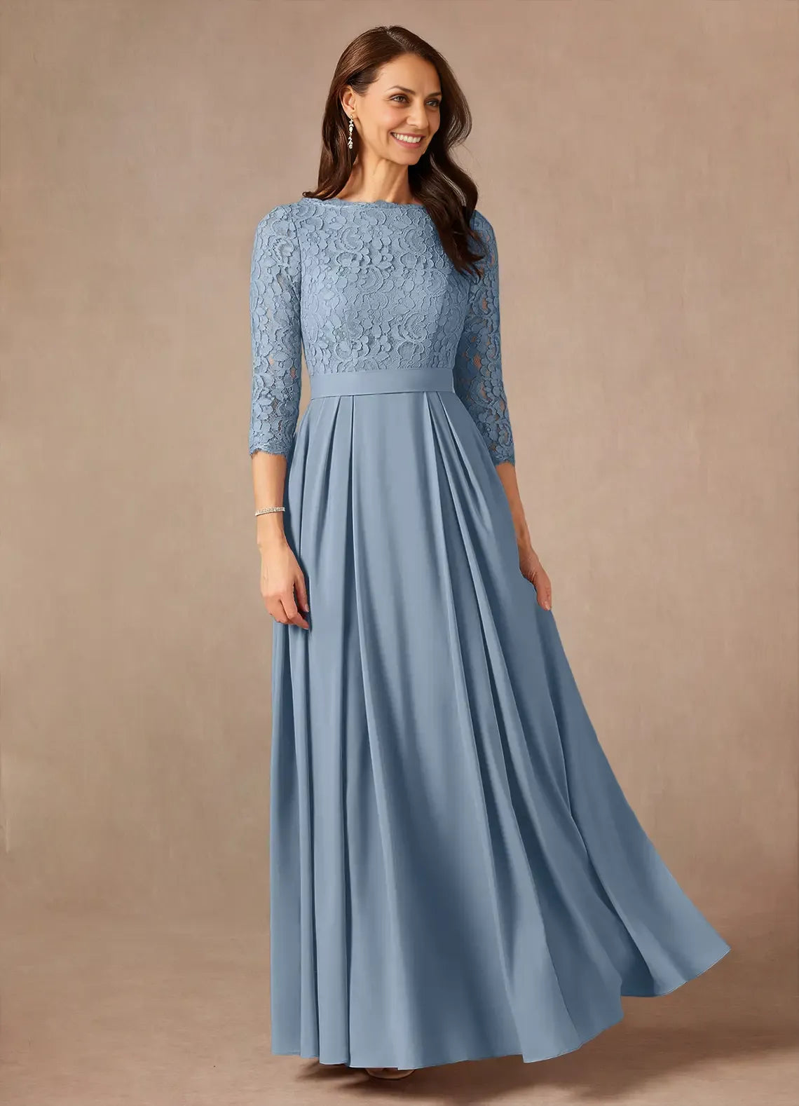 Blue Dusty A-Line Floor-Length Dress Three-Quarter Sleeve Solid Color Vintage Scoop Neck Mother of the Bride Dress