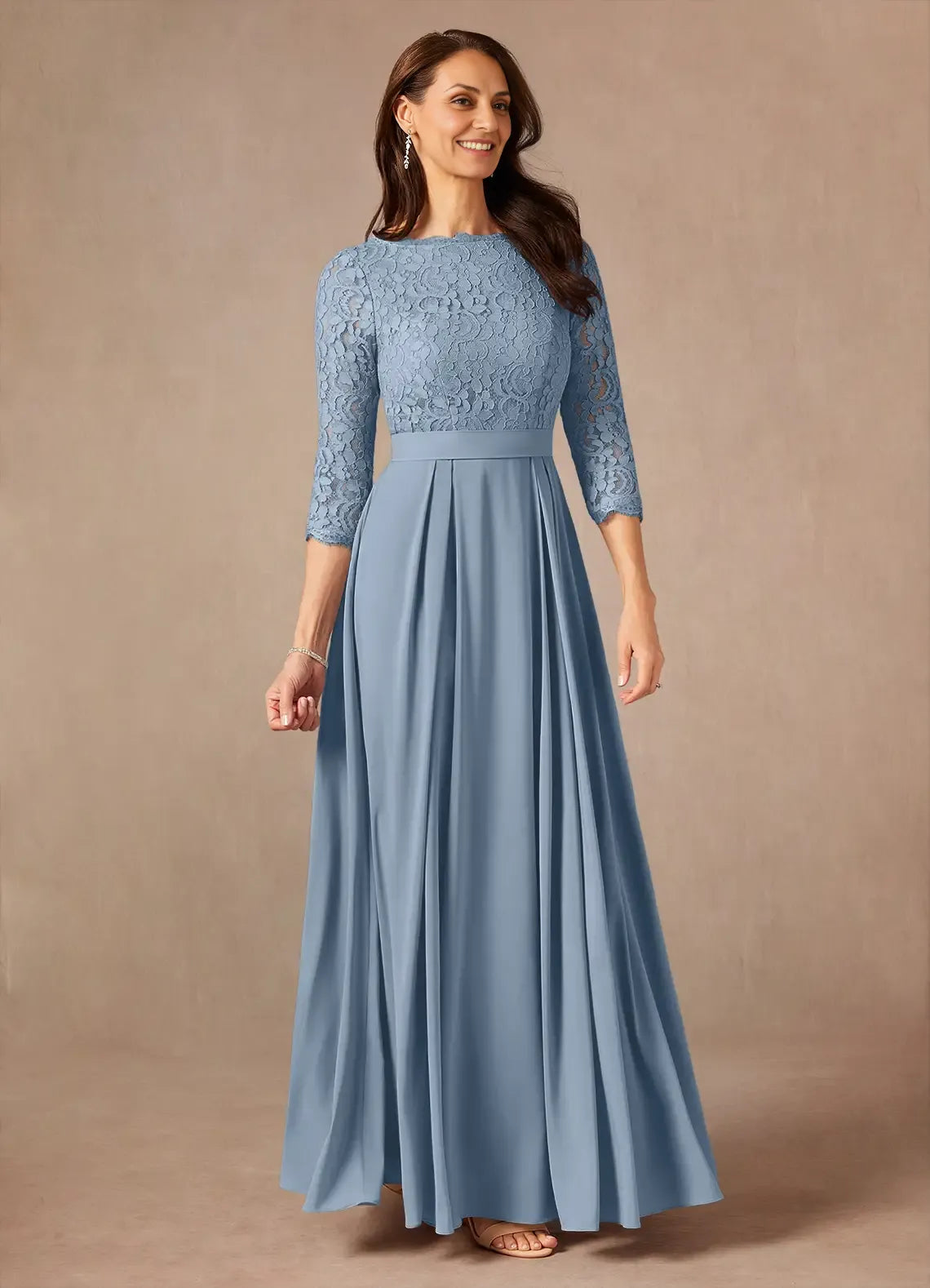 Blue Dusty A-Line Floor-Length Dress Three-Quarter Sleeve Solid Color Vintage Scoop Neck Mother of the Bride Dress