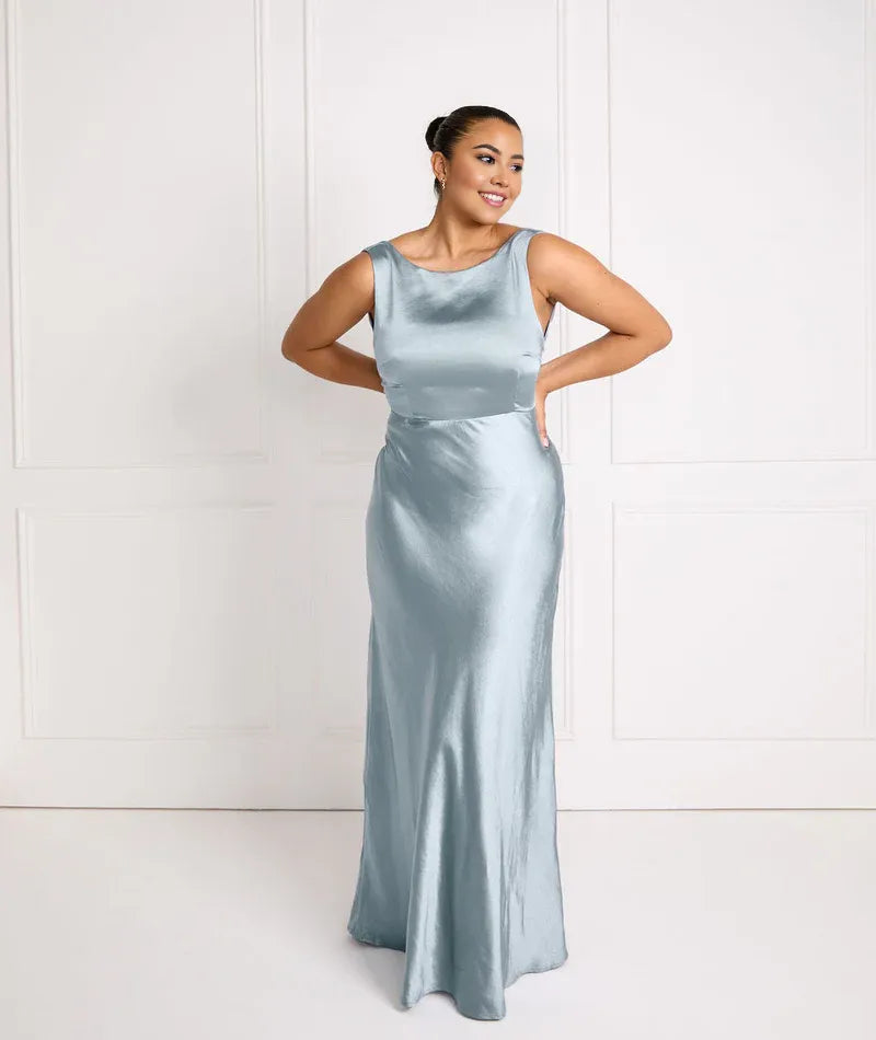 Dress Fashion Cowl Back Bridesmaid Dress Maxi Dress Solid Color Champagne Boat Neck Sleeveless Prom Dress