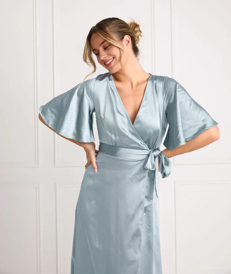 Dress Fashion Wrap Tie Bridesmaid Dress Maxi Dress Solid Color Champagne Flutter Sleeve Column Prom Dress