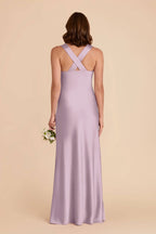 Dusty Lavender Satin Cross Back Bridesmaid Dress Wide Strap V-Neck Ruched Bust Maxi Wedding Gown