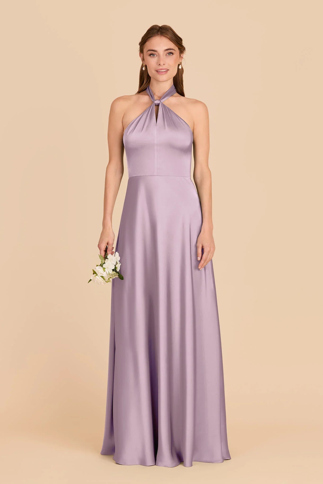 Dusty Lavender Satin Halter Bridesmaid Dress Bow Tie Back Maxi Wedding Gown