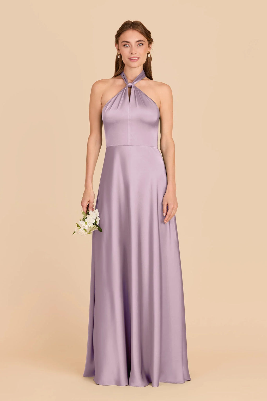 Dusty Lavender Satin Halter Bridesmaid Dress Bow Tie Back Maxi Wedding Gown