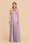 Dusty Lavender Satin Halter Bridesmaid Dress Bow Tie Back Maxi Wedding Gown