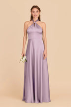 Dusty Lavender Satin Halter Bridesmaid Dress Bow Tie Back Maxi Wedding Gown