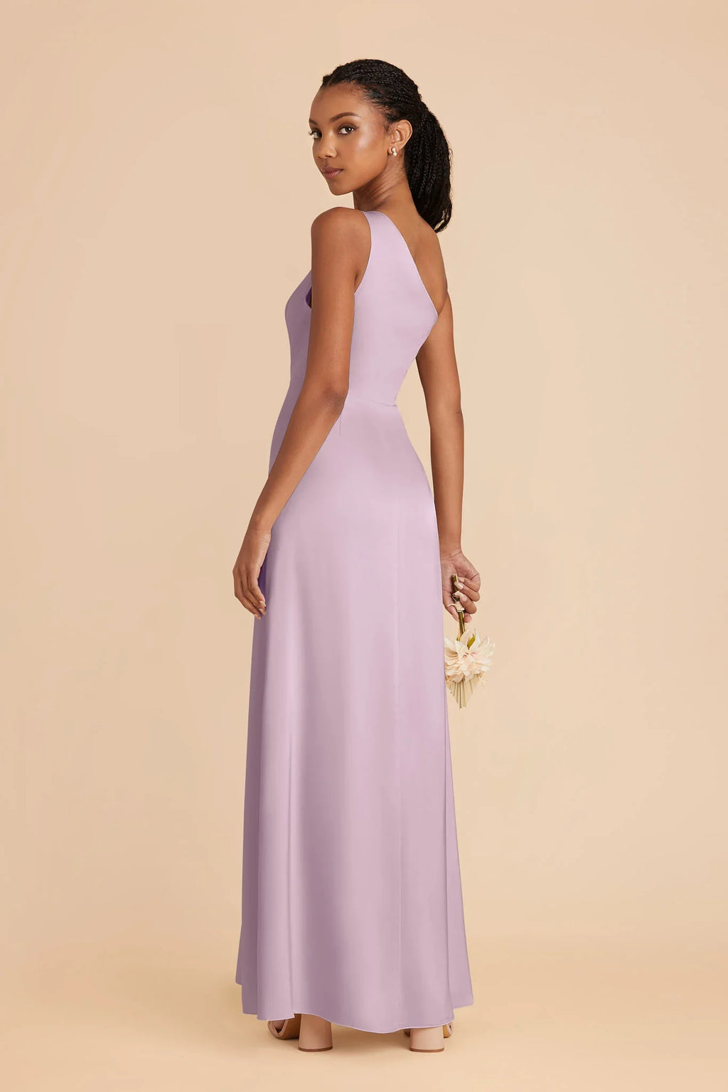 Dusty Lavender Satin One-Shoulder Bridesmaid Dress Wide Strap High Slit Sheath Maxi Wedding Gown