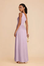 Dusty Lavender Satin One-Shoulder Bridesmaid Dress Wide Strap High Slit Sheath Maxi Wedding Gown