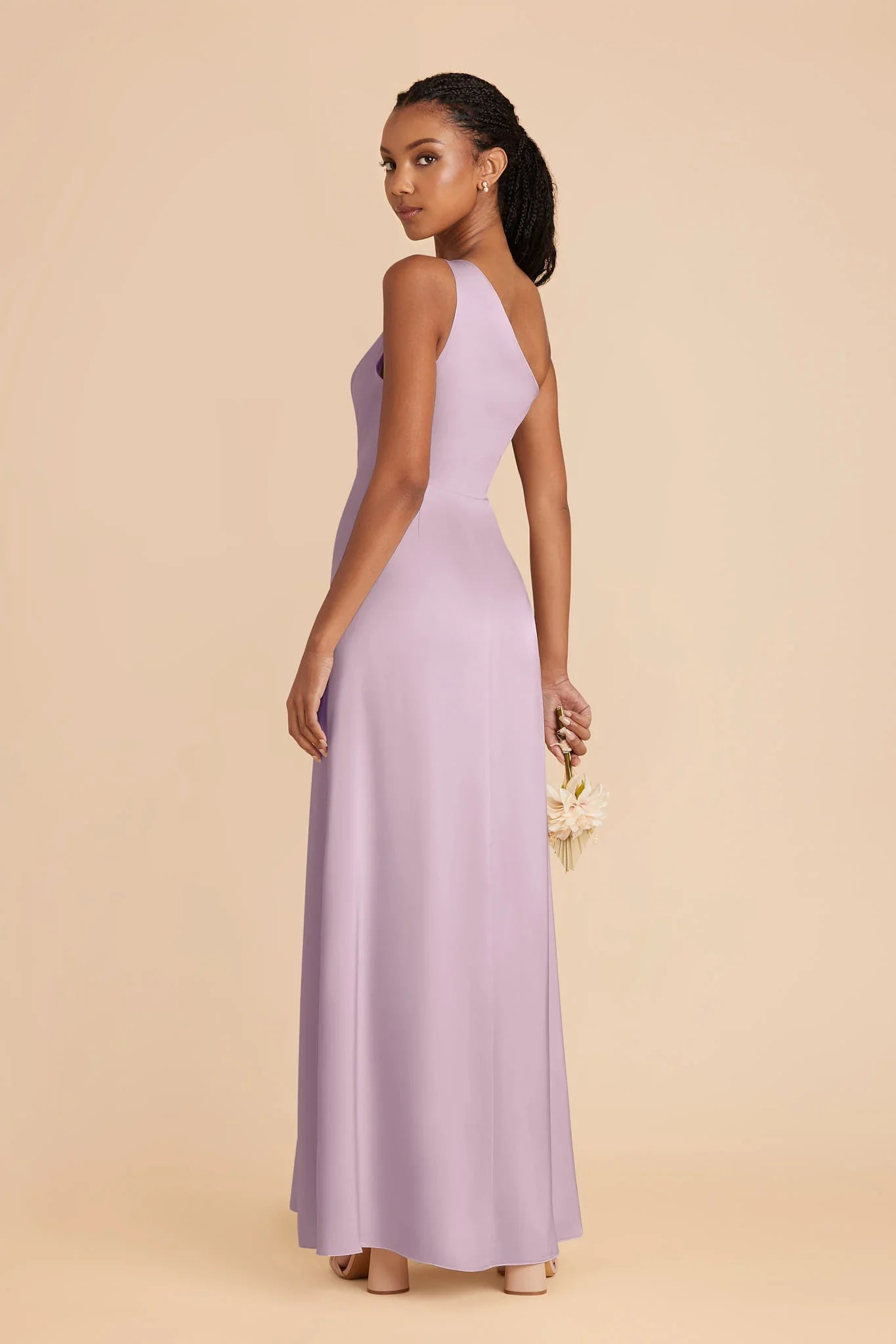 Dusty Lavender Satin One-Shoulder Bridesmaid Dress Wide Strap High Slit Sheath Maxi Wedding Gown