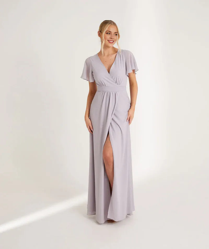 Blue Dress Fashion V Neck Wrap Tie Bridesmaid Dress Maxi Dress Solid Color Flutter Sleeve A-Line Prom Dress