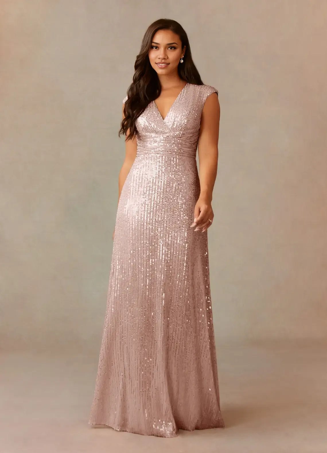Dress Champagne A-Line V-Neck Ruched Sequins Mother Of The Bride Dresses Cap Sleeves Back Zip Ruffle Evening Dress