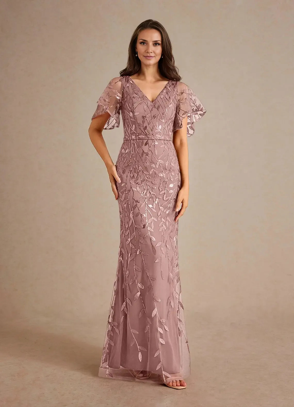 Dress Champagne Sheath Sequins Mother of the Groom Dresses Elegant V-Neck Flutter Sleeves Evening Dress