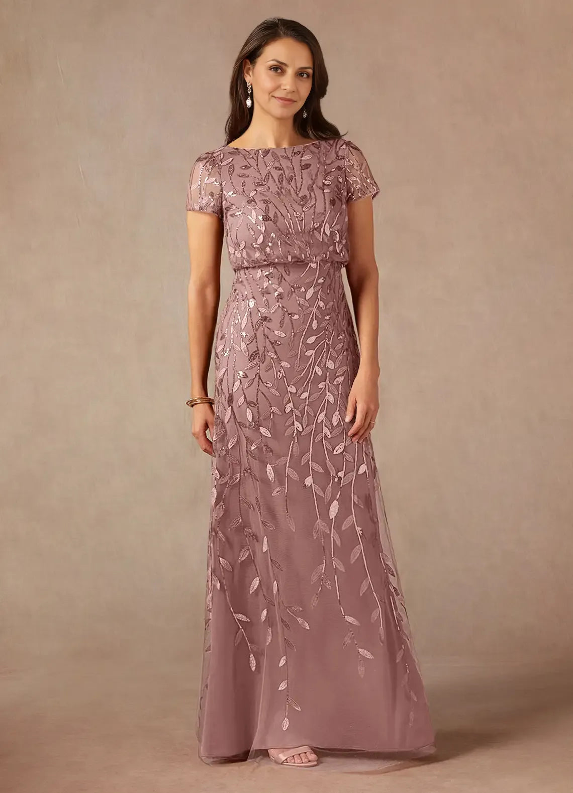 Navy Dress Dark A-Line Sequins Maxi Dress Elegant Boat Neck Short Sleeves Back Zip Mother of the Bride Dress