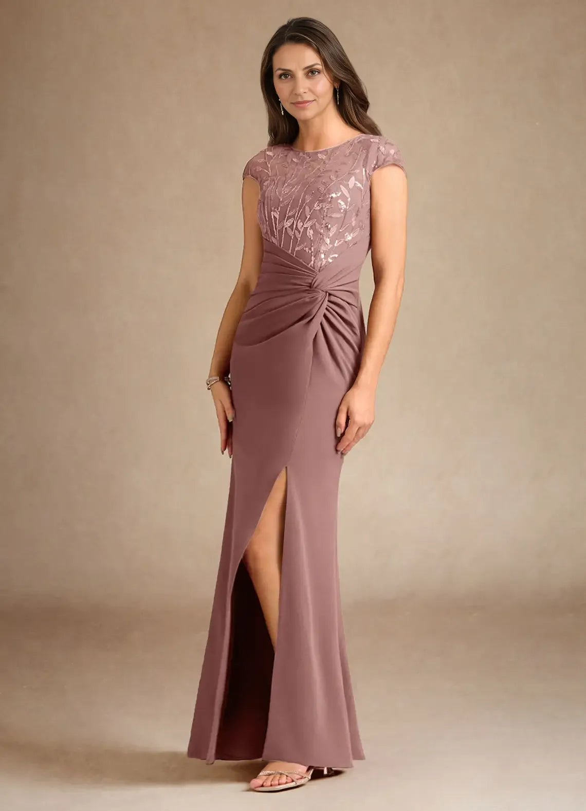 Dusty Rose Mermaid Sequins Floor-Length Dress Cap Sleeve Solid Color Vintage Scoop Neck Pleated Mother of the Bride Dress