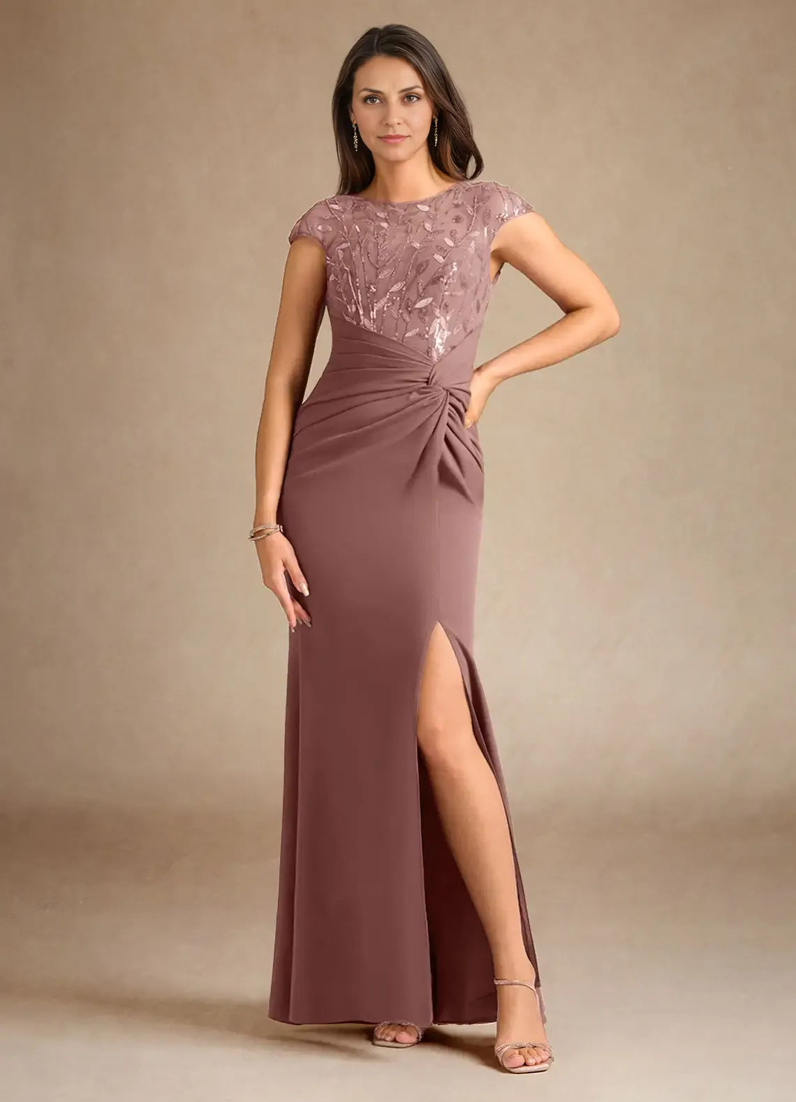 Dusty Rose Mermaid Sequins Floor-Length Dress Cap Sleeve Solid Color Vintage Scoop Neck Pleated Mother of the Bride Dress