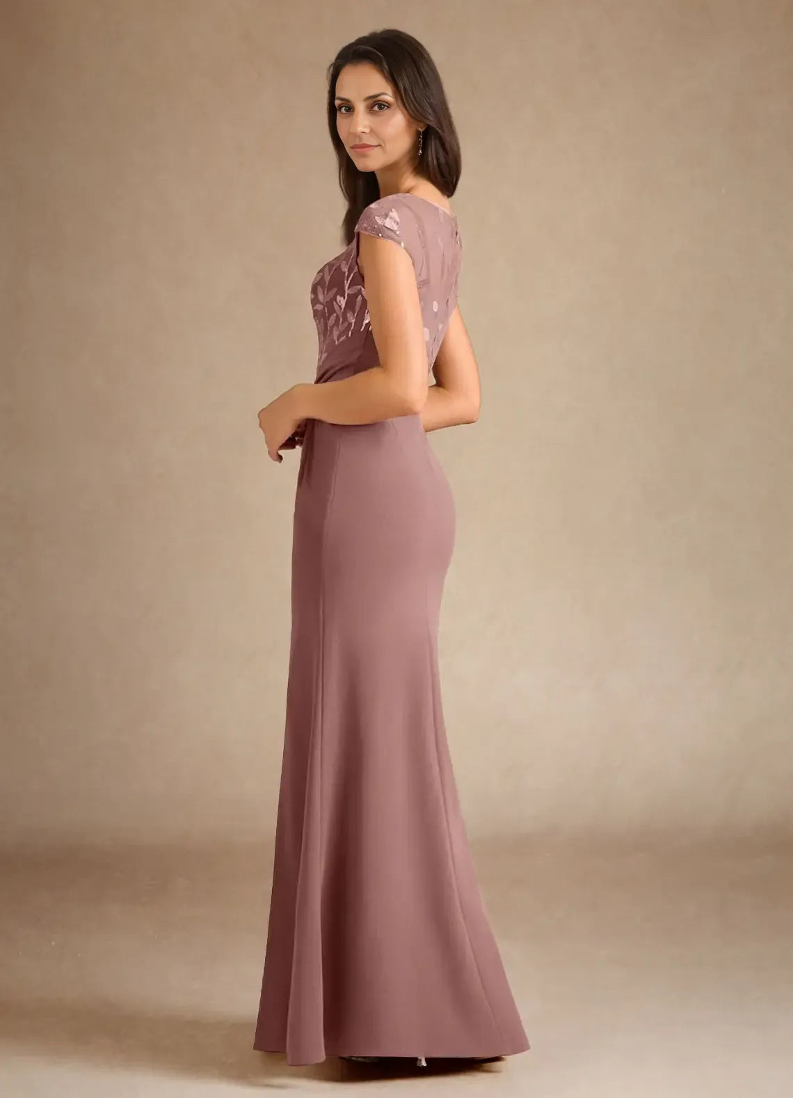 Dusty Rose Mermaid Sequins Floor-Length Dress Cap Sleeve Solid Color Vintage Scoop Neck Pleated Mother of the Bride Dress