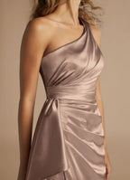 Taupe Satin One-Shoulder Bridesmaid Dress with Ruched Bodice, Draped Detail and High Slit