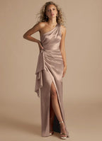 Taupe Satin One-Shoulder Bridesmaid Dress with Ruched Bodice, Draped Detail and High Slit