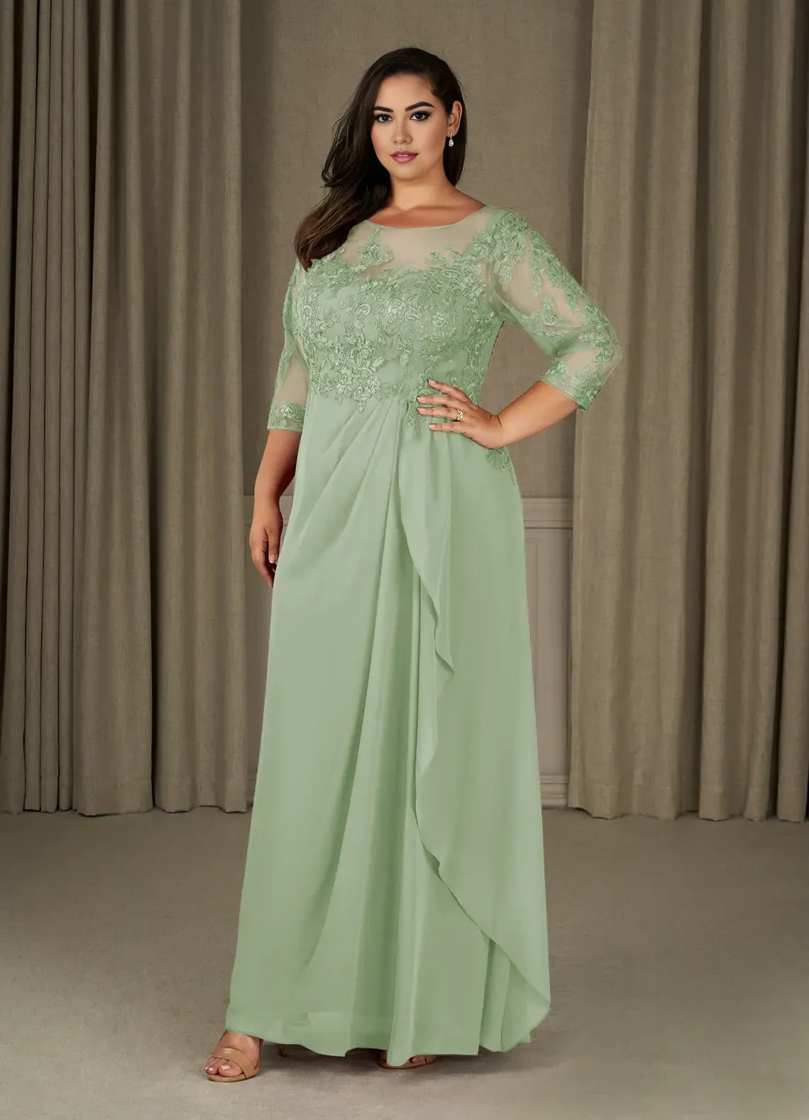 Dress Champagne A-Line Scoop Mother Of The Bride Evening Dress Elegant Ruffle Three-Quarter Sleeve V Back Plus Size Mother Of The Bride Dress