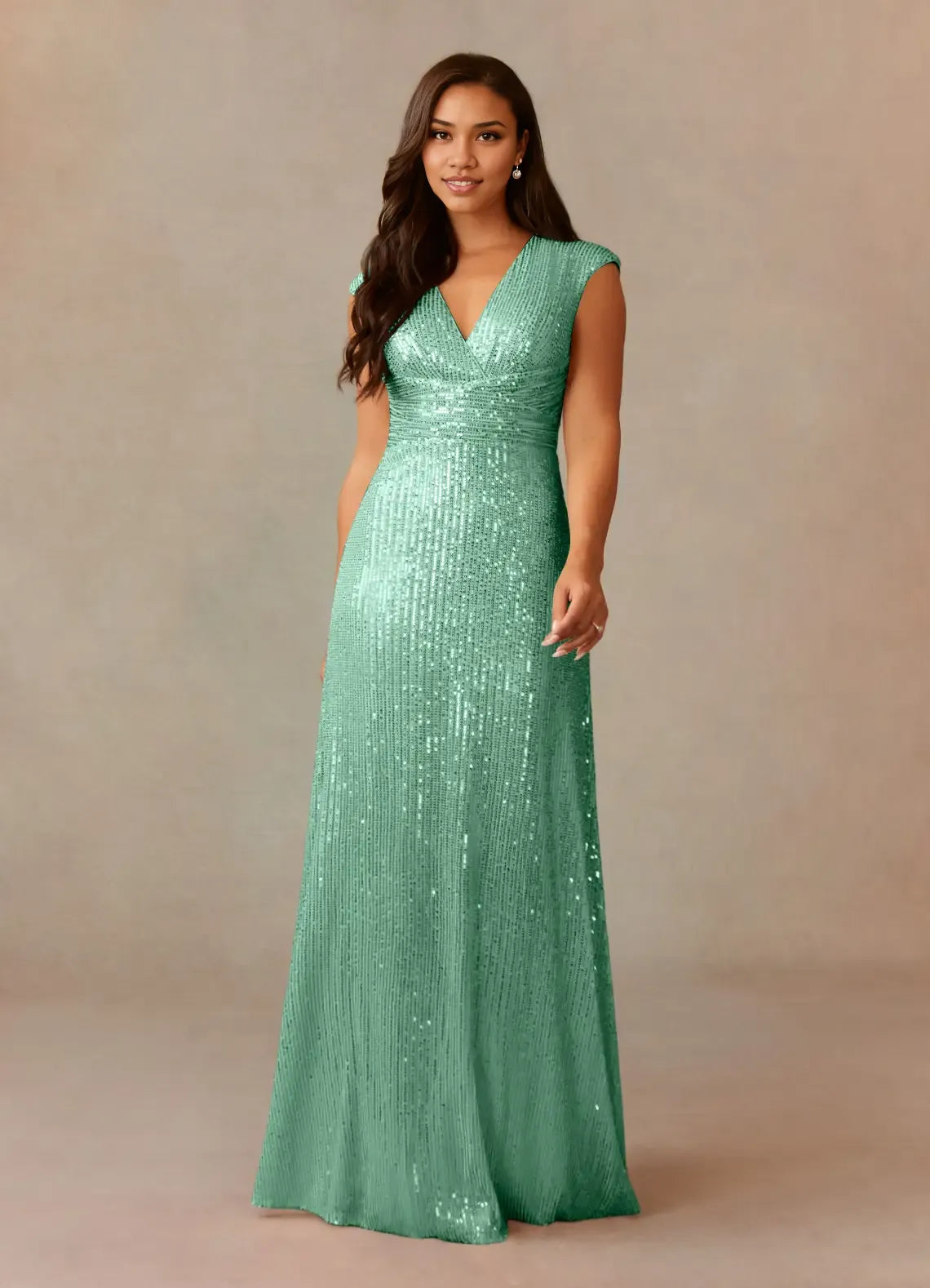 Dress Champagne A-Line V-Neck Ruched Sequins Mother Of The Bride Dresses Cap Sleeves Back Zip Ruffle Evening Dress