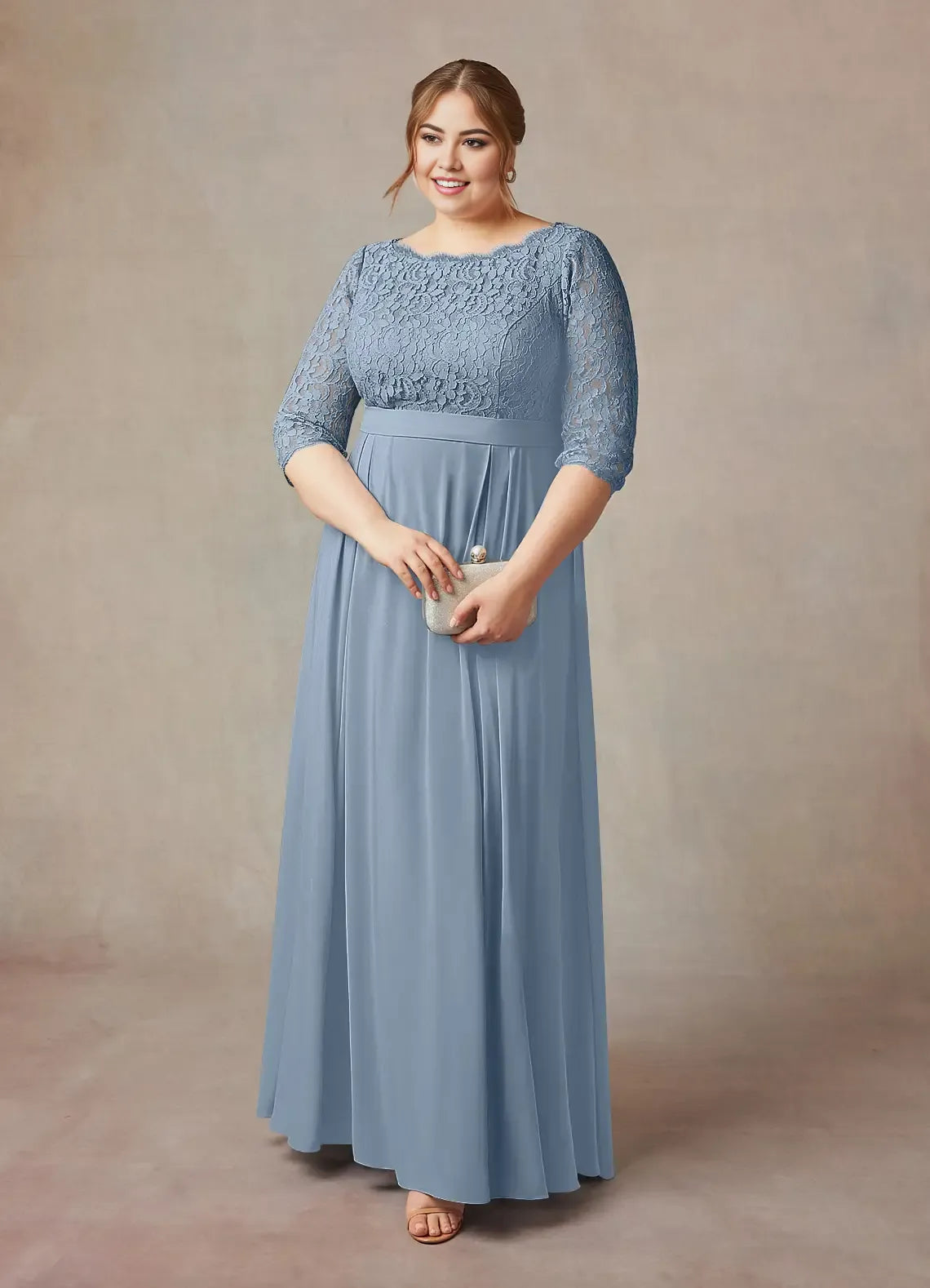 Blue Dusty A-Line Floor-Length Dress Three-Quarter Sleeve Solid Color Vintage Scoop Neck Plus Size Mother of the Bride Dress