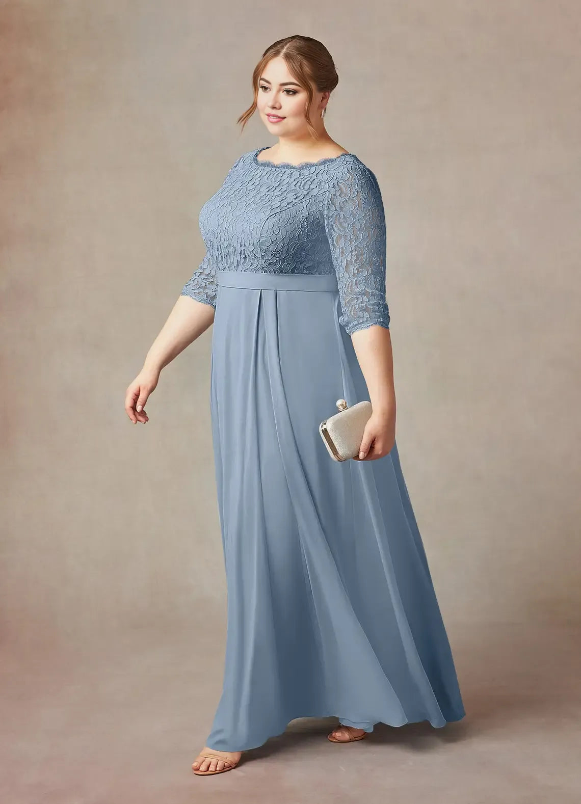Blue Dusty A-Line Floor-Length Dress Three-Quarter Sleeve Solid Color Vintage Scoop Neck Plus Size Mother of the Bride Dress