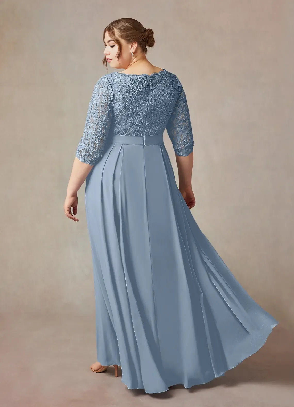 Blue Dusty A-Line Floor-Length Dress Three-Quarter Sleeve Solid Color Vintage Scoop Neck Plus Size Mother of the Bride Dress