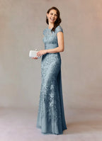 Blue Dress Elegant Dusty Mermaid Vintage Scoop Neck Dress Floor-Length Cap Sleeves Illusion Back Mother of the Bride Dress