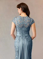 Blue Dress Elegant Dusty Mermaid Vintage Scoop Neck Dress Floor-Length Cap Sleeves Illusion Back Mother of the Bride Dress