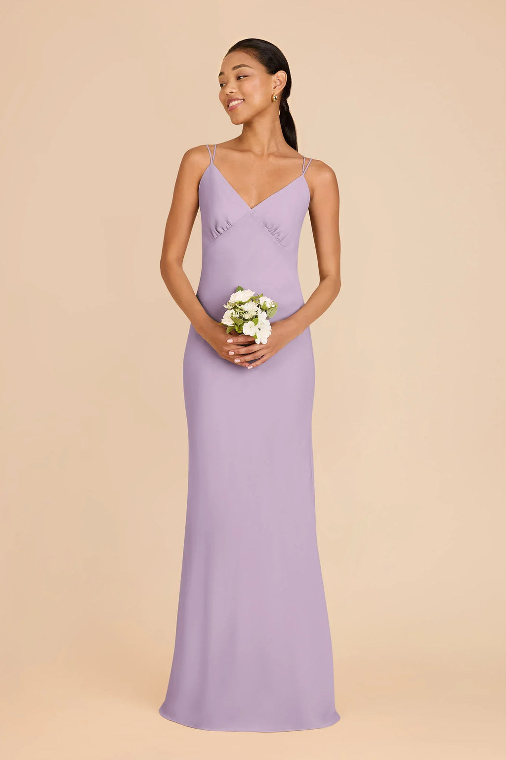 Dusty Lavender Chiffon Crisscross Back Bridesmaid Dress Spaghetti Strap V-Neck Maxi Wedding Guest Gown