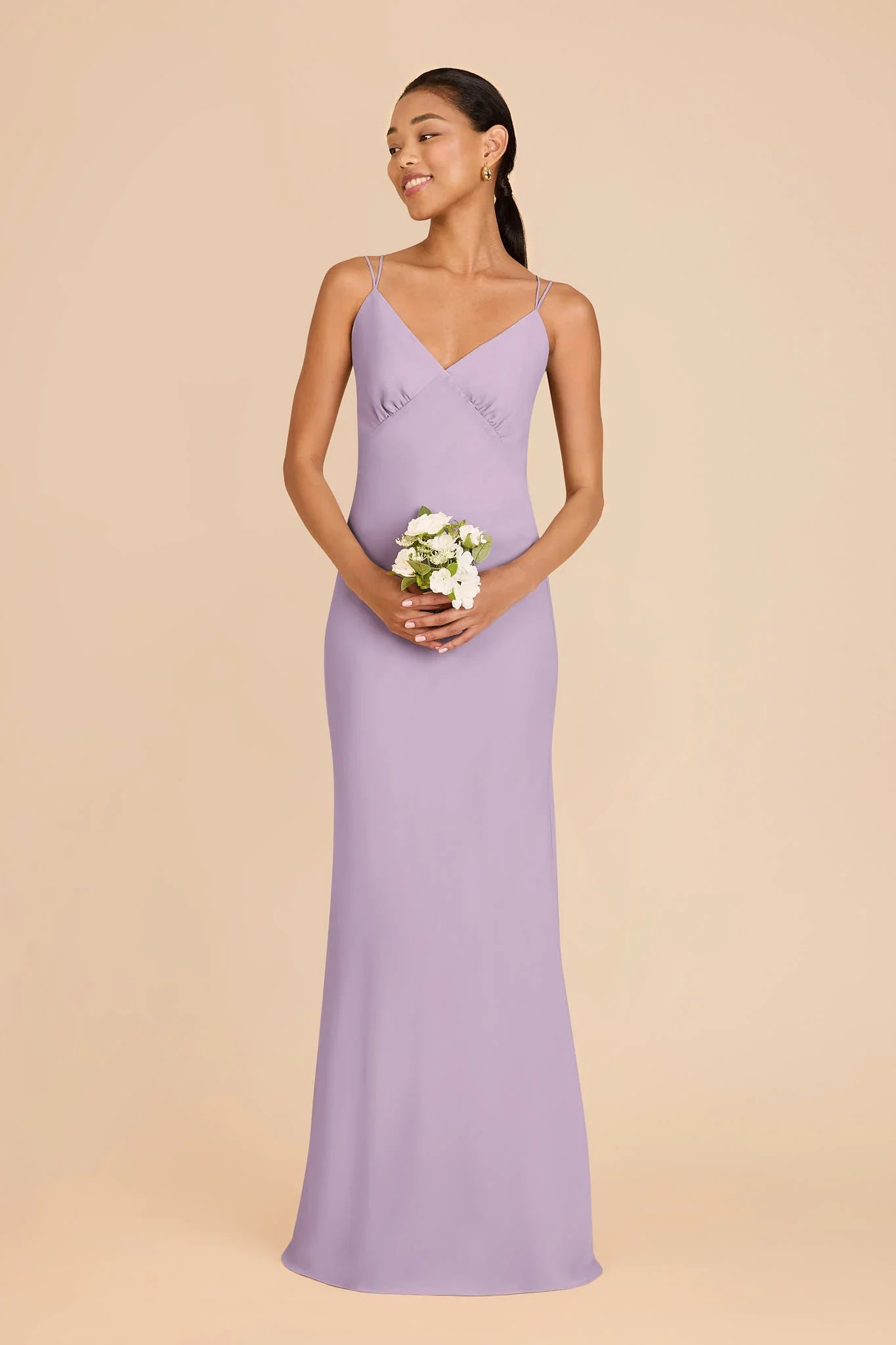 Dusty Lavender Chiffon Crisscross Back Bridesmaid Dress Spaghetti Strap V-Neck Maxi Wedding Guest Gown