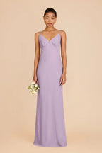 Dusty Lavender Chiffon Crisscross Back Bridesmaid Dress Spaghetti Strap V-Neck Maxi Wedding Guest Gown