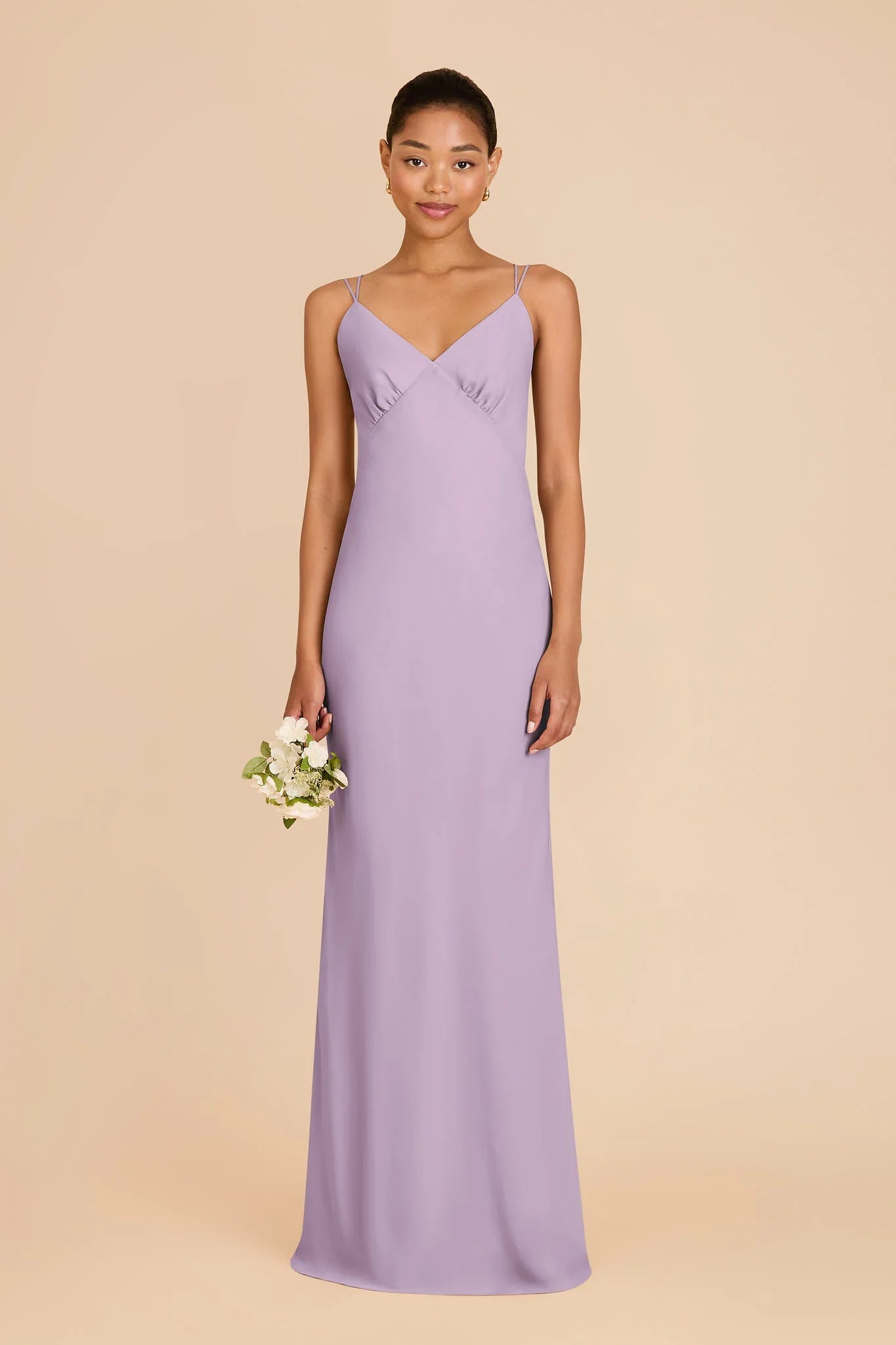 Dusty Lavender Chiffon Crisscross Back Bridesmaid Dress Spaghetti Strap V-Neck Maxi Wedding Guest Gown