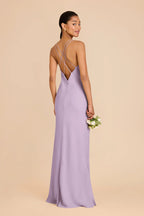 Dusty Lavender Chiffon Crisscross Back Bridesmaid Dress Spaghetti Strap V-Neck Maxi Wedding Guest Gown
