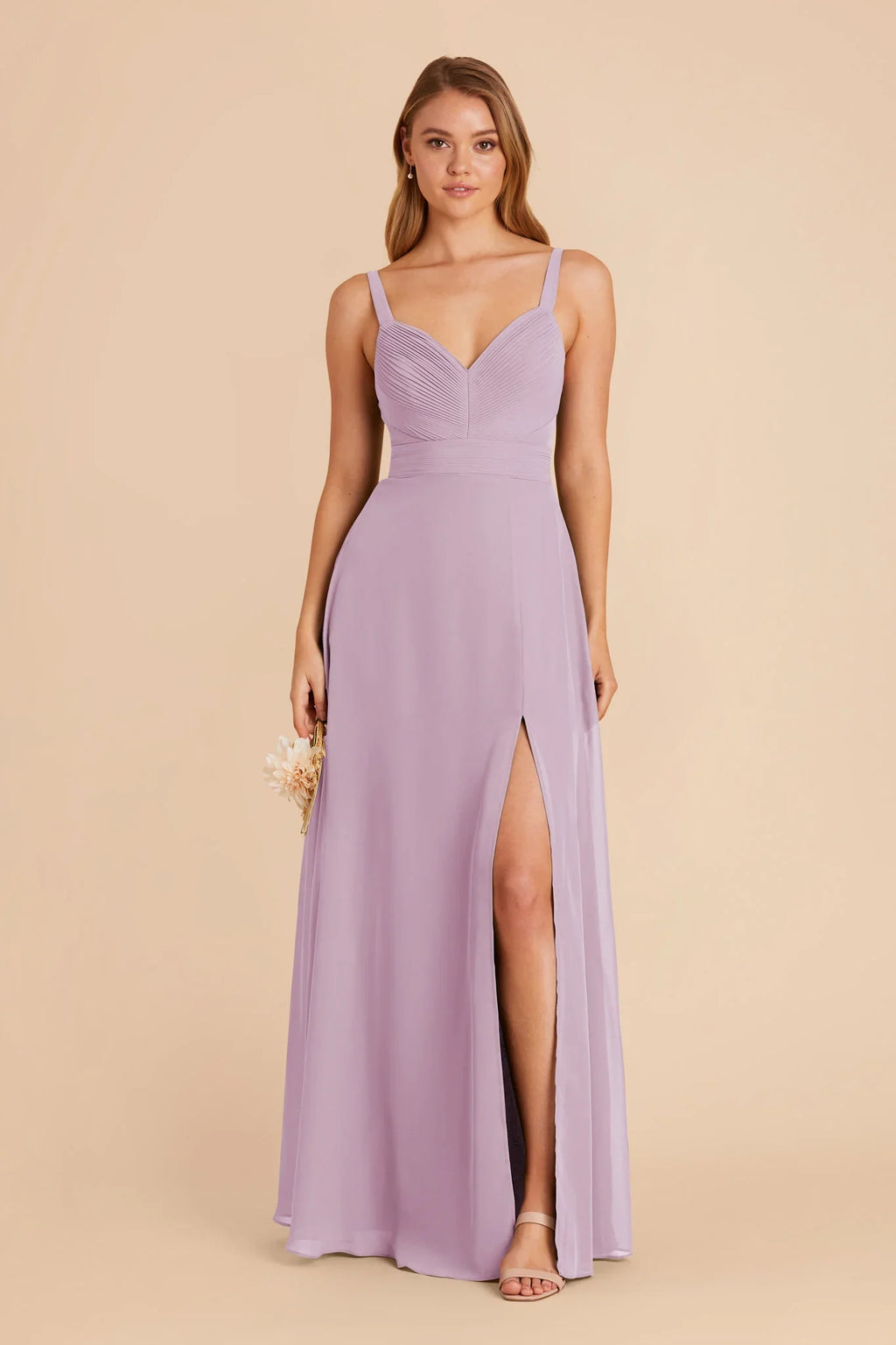 Dusty Lavender Chiffon Pleated Bridesmaid Dress Adjustable Spaghetti Strap High Slit A-Line Maxi Wedding Gown
