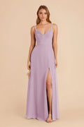 Dusty Lavender Chiffon Pleated Bridesmaid Dress Adjustable Spaghetti Strap High Slit A-Line Maxi Wedding Gown
