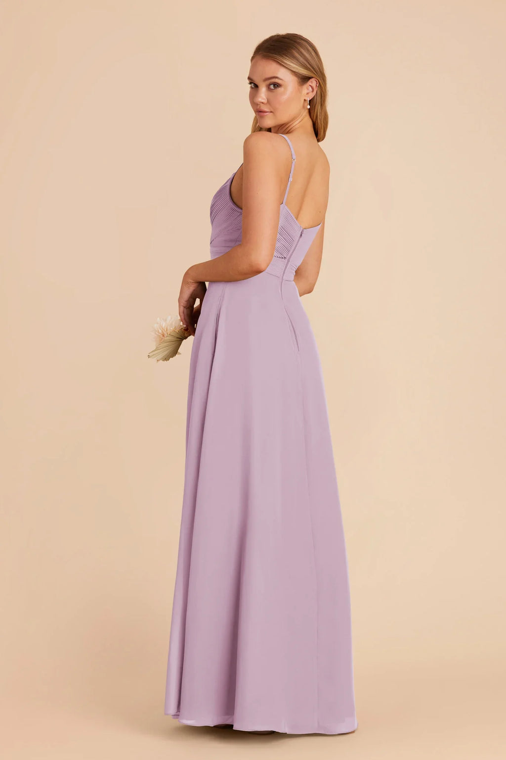 Dusty Lavender Chiffon Pleated Bridesmaid Dress Adjustable Spaghetti Strap High Slit A-Line Maxi Wedding Gown