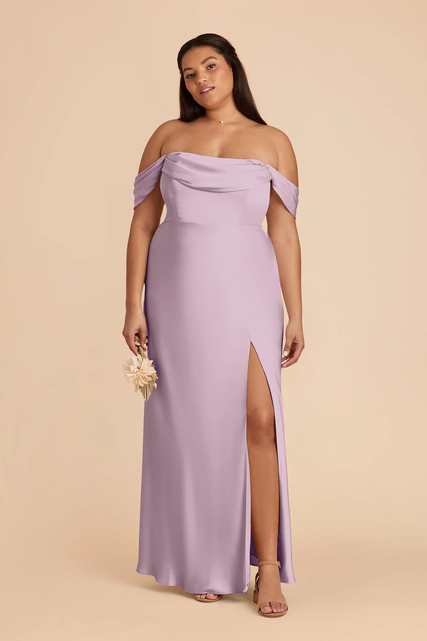 Dusty Lavender Satin Convertible Bridesmaid Dress Off-Shoulder & Spaghetti Strap High Slit Maxi Wedding Gown