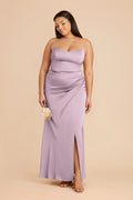 Dusty Lavender Satin Strapless Bridesmaid Dress Ruched Waist High Slit Sheath Maxi Wedding Gown