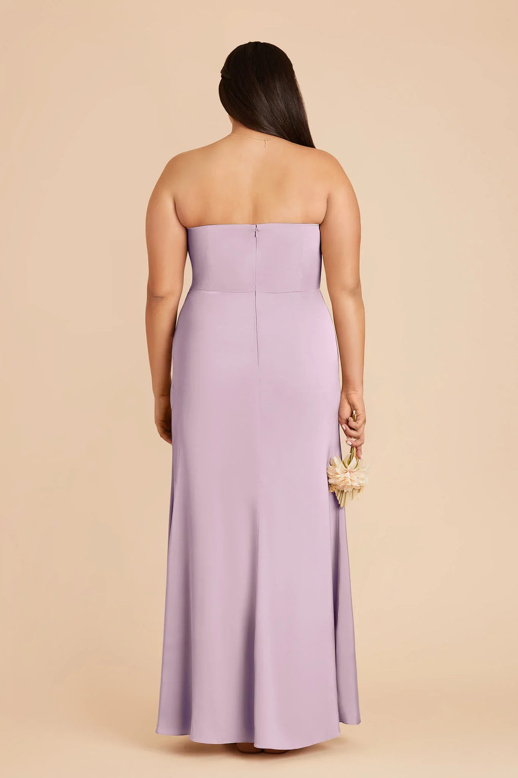 Dusty Lavender Satin Strapless Bridesmaid Dress Ruched Waist High Slit Sheath Maxi Wedding Gown