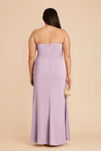 Dusty Lavender Satin Strapless Bridesmaid Dress Ruched Waist High Slit Sheath Maxi Wedding Gown