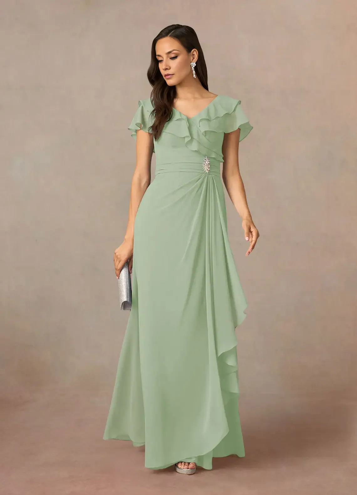 Navy Dress Dark A-Line V-Neck Ruched Mother Of The Bride Evening Dress Elegant Ruffle Flutter Sleeves V Back Plus Size Mother Of The Bride Dress