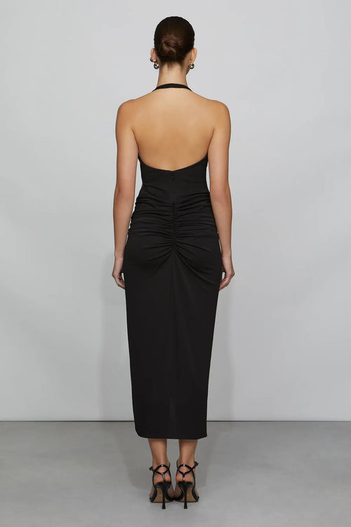 Robe de bal mi-longue sans manches et dos nu à col licou moulante et audacieuse pour femme