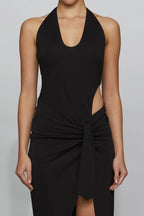 Edgy Bodycon Halter Neck Sleeveless Open Back Midi Length For Ladies Prom Dress