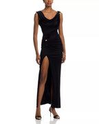 Edgy Sheath Cowl Neck Sleeveless Buckle Detail High Slit Floor Length For Women Prom Dress