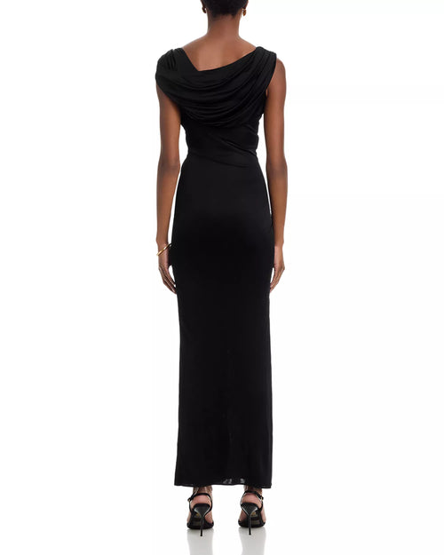 Edgy Sheath Cowl Neck Sleeveless Buckle Detail High Slit Floor Length For Women Prom Dress