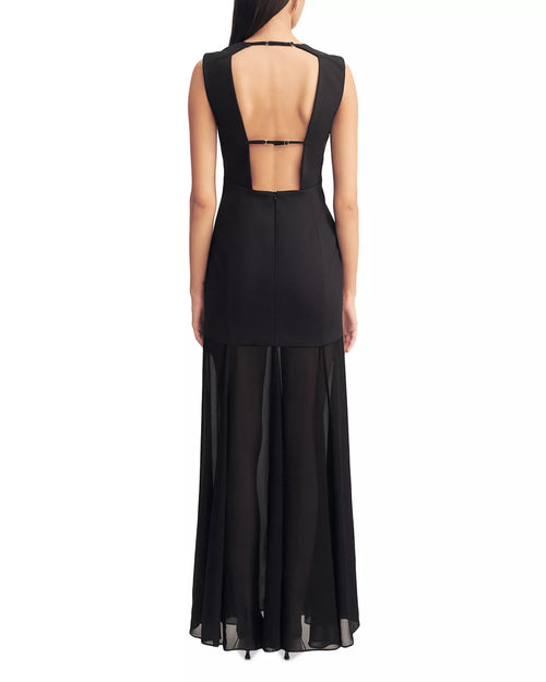 Robe de bal longue ajustée à encolure ras-du-cou sans manches, dos découpé et empiècements en maille, tendance, coupe originale