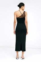 Edgy Sheath Halter Neck Mesh Panel Cross Back Midi Length For Adults Prom Dress