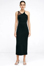 Edgy Sheath Halter Neck Mesh Panel Cross Back Midi Length For Adults Prom Dress