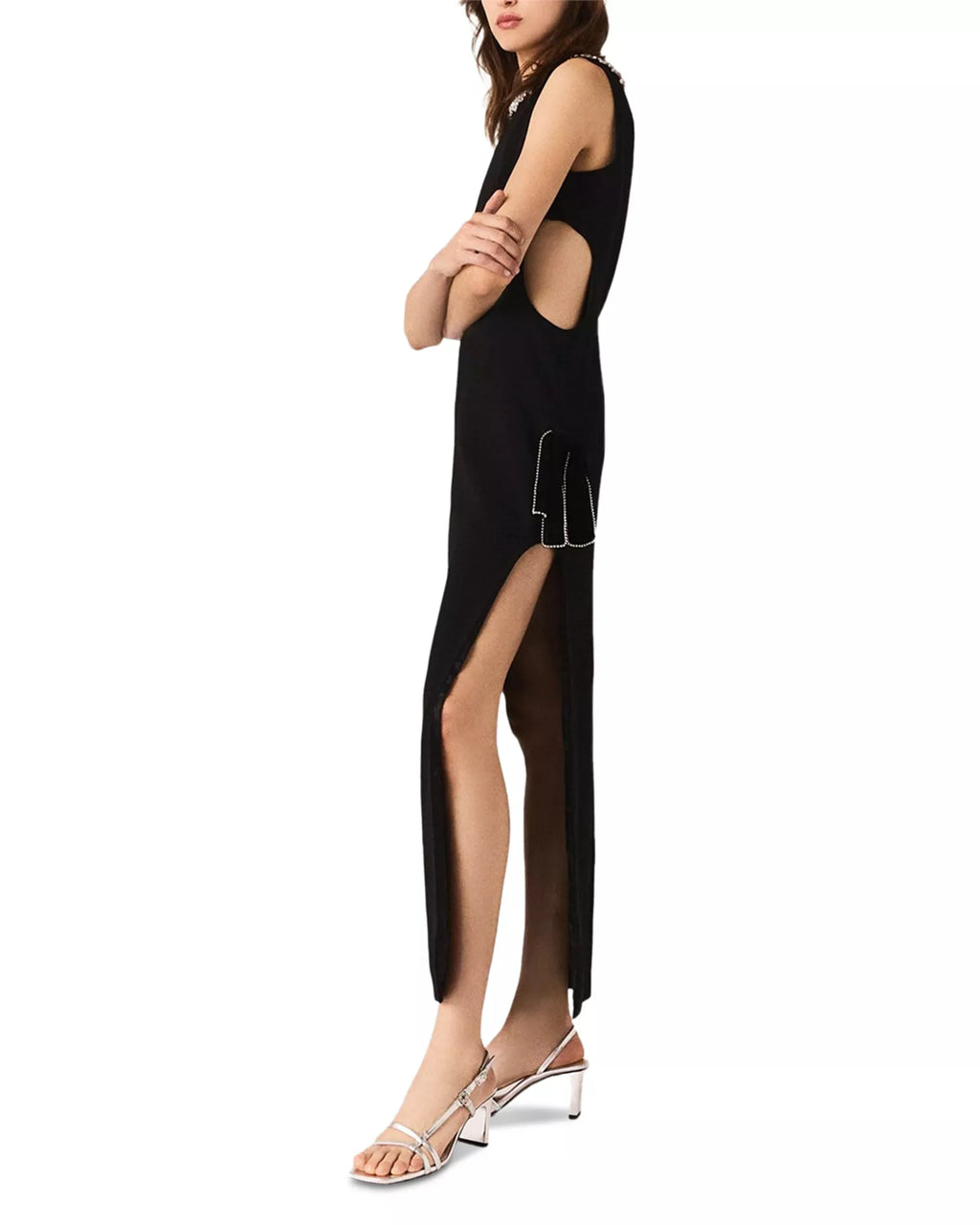 Edgy Sheath Mock Neck Sleeveless Cutout Accent High Slit Floor Length For Adults Prom Dress