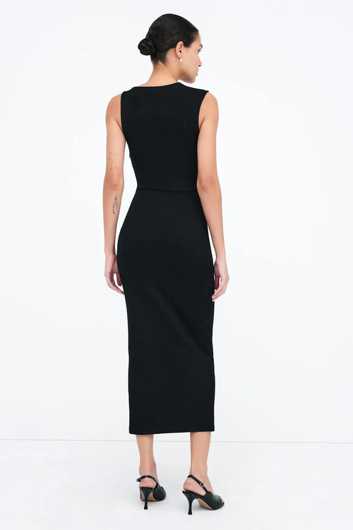 Edgy Sheath V Neck Sleeveless Leather Trim Crew Back Midi Length For Women Prom Dress